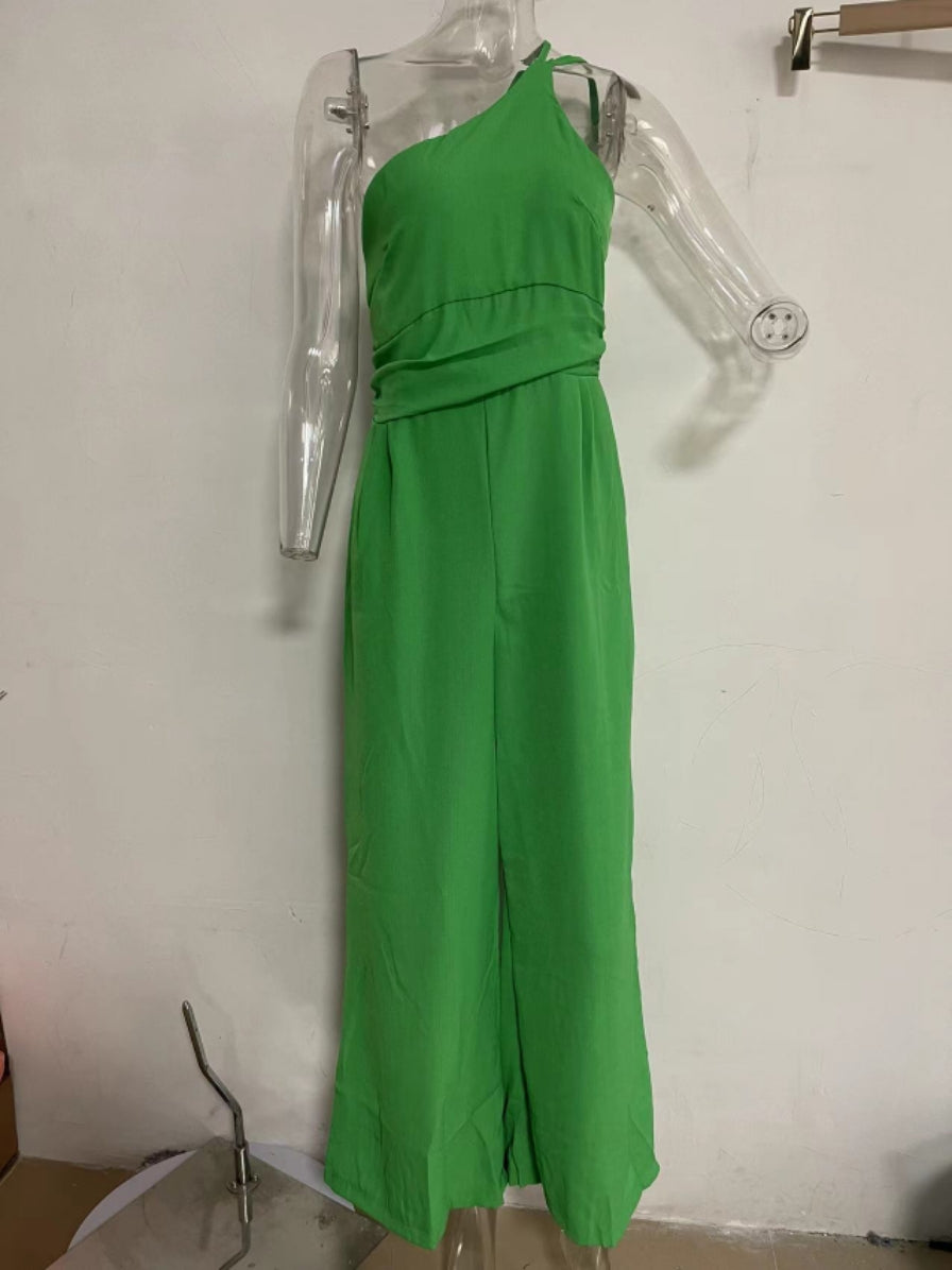 Spring Summer Solid Color Loose Wide-Leg Cotton Linen Jumpsuit Green