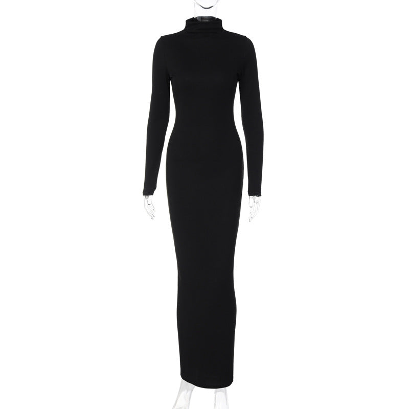 Women Clothing Autumn Solid Color High Collar Slim Fit Long Sleeves Elegant Dress Black