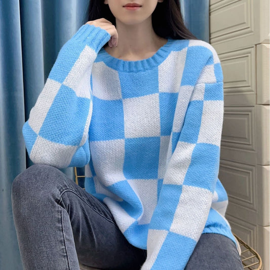 Spring Autumn Elegant Retro Casual Pullover Knitwear Gentle Color Checkerboard round Neck Contrast Color Sweater Top