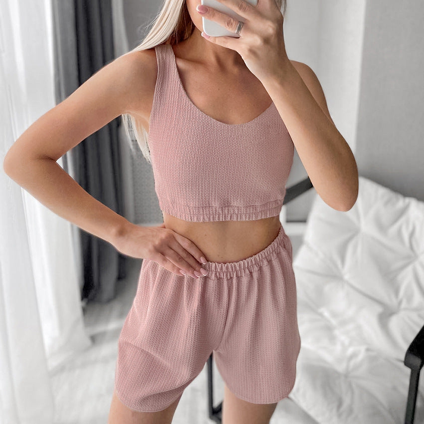 Autumn Pink Breathable Knitted Pajamas Three Piece Cardigan Sleeveless Shorts Ladies Homewear