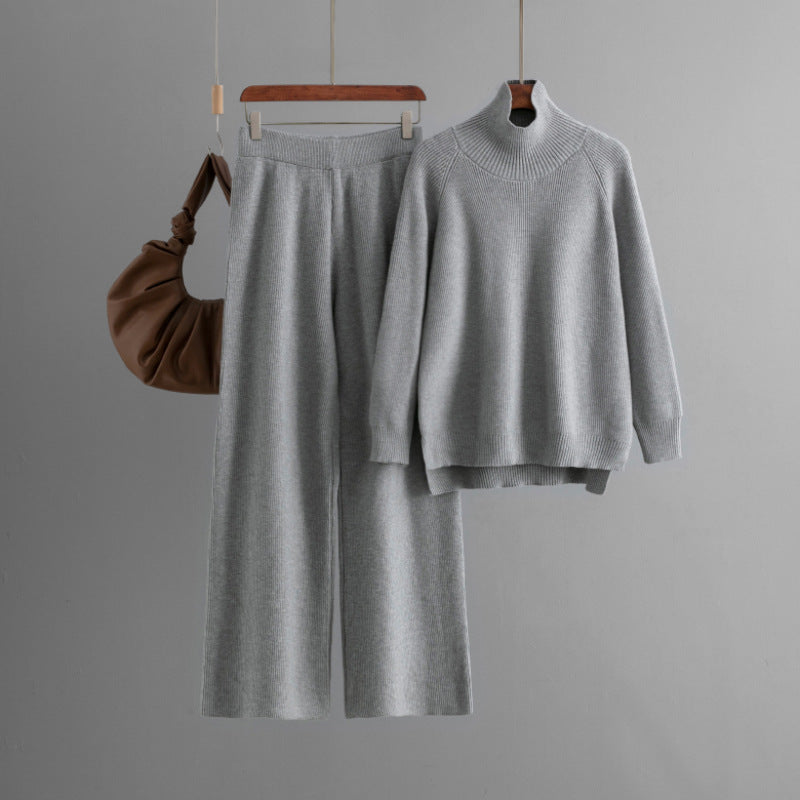 Autumn Winter Solid Color Knitted Wide Leg Pants Turtleneck Sweater Slit Two Piece Set One Size Gray