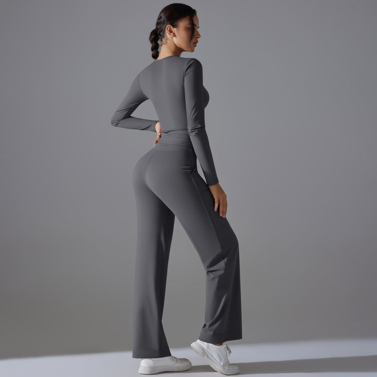 Nude Feel Skin Friendly Long Sleeve Yoga Wear High Strength Workout Clothes Pocket Running Sports Drawstring Wide Leg Pants Sets