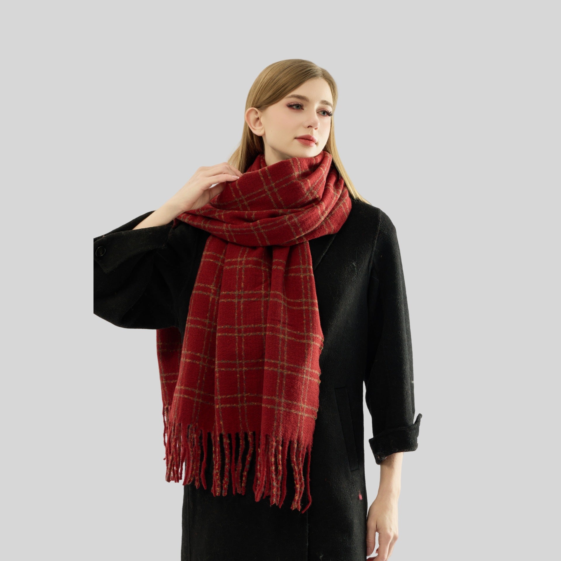 Women Color Matching Plaid Scarf Warm Thickened Winter All Matching Atmosphere Scarf