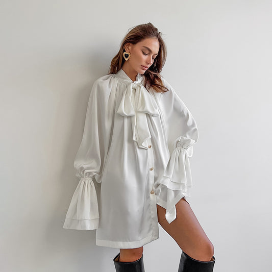 Autumn Winter Casual Elegant Thick Matte Satin Loose Tie Neck Flare Sleeve Tie Neck Women Clothing Dress White