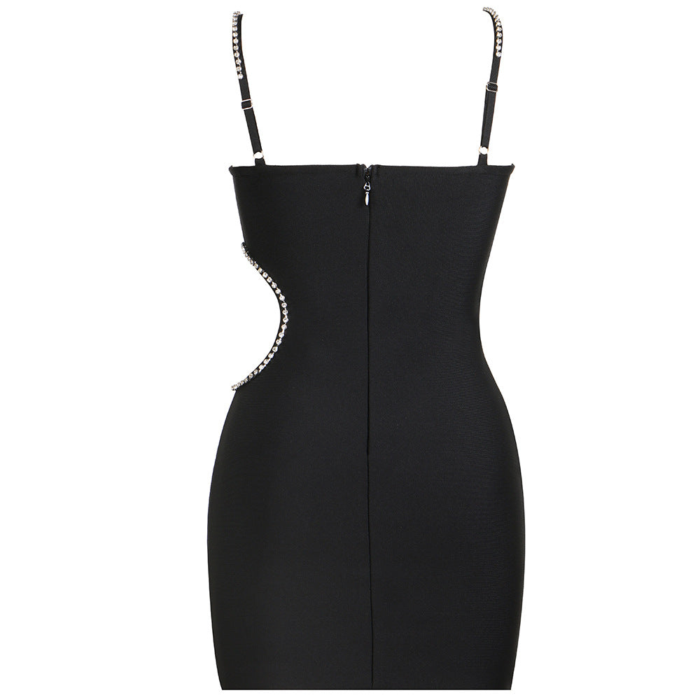 Black Sexy Sling Tube Top Backless Hollow Out Cutout Chain Nightclub Party Bandage Sheath Dress Black