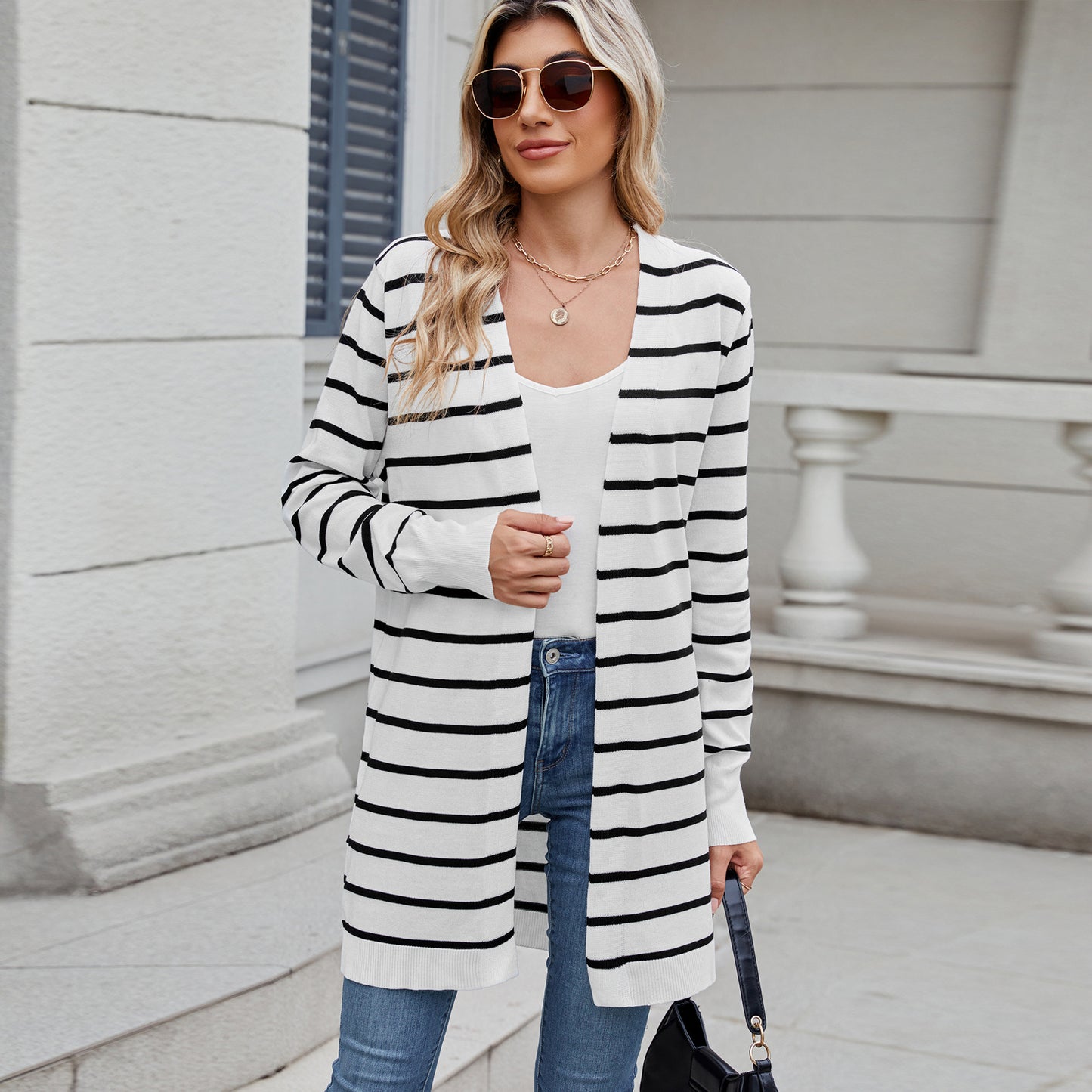 Women Clothing Cardigan Long Knitted Striped Coat Sweater