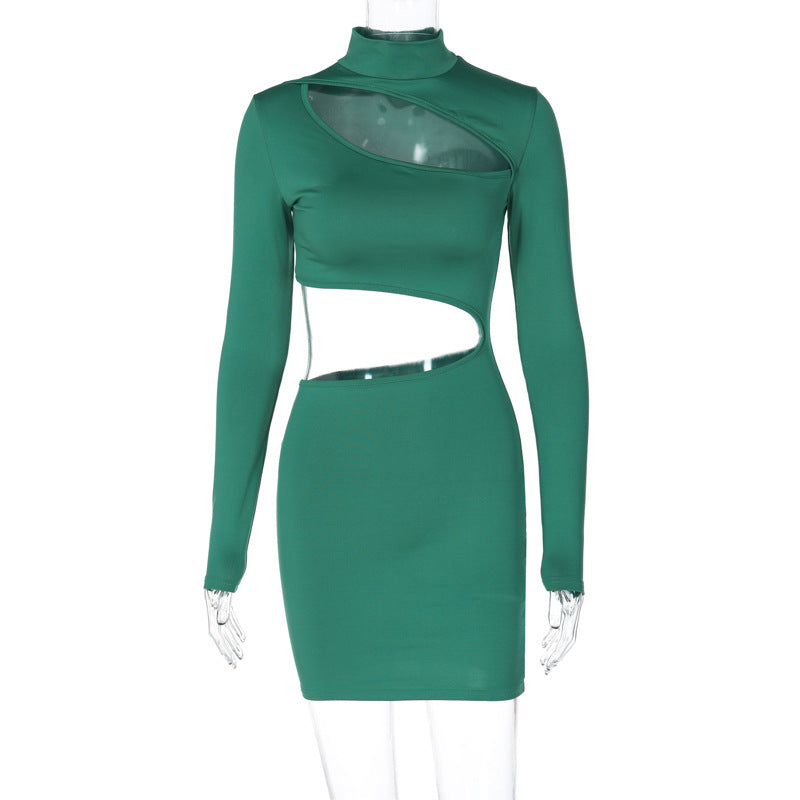 Women Wear Winter Sexy Cutout Slim Turtleneck Long Sleeve Dress S Green