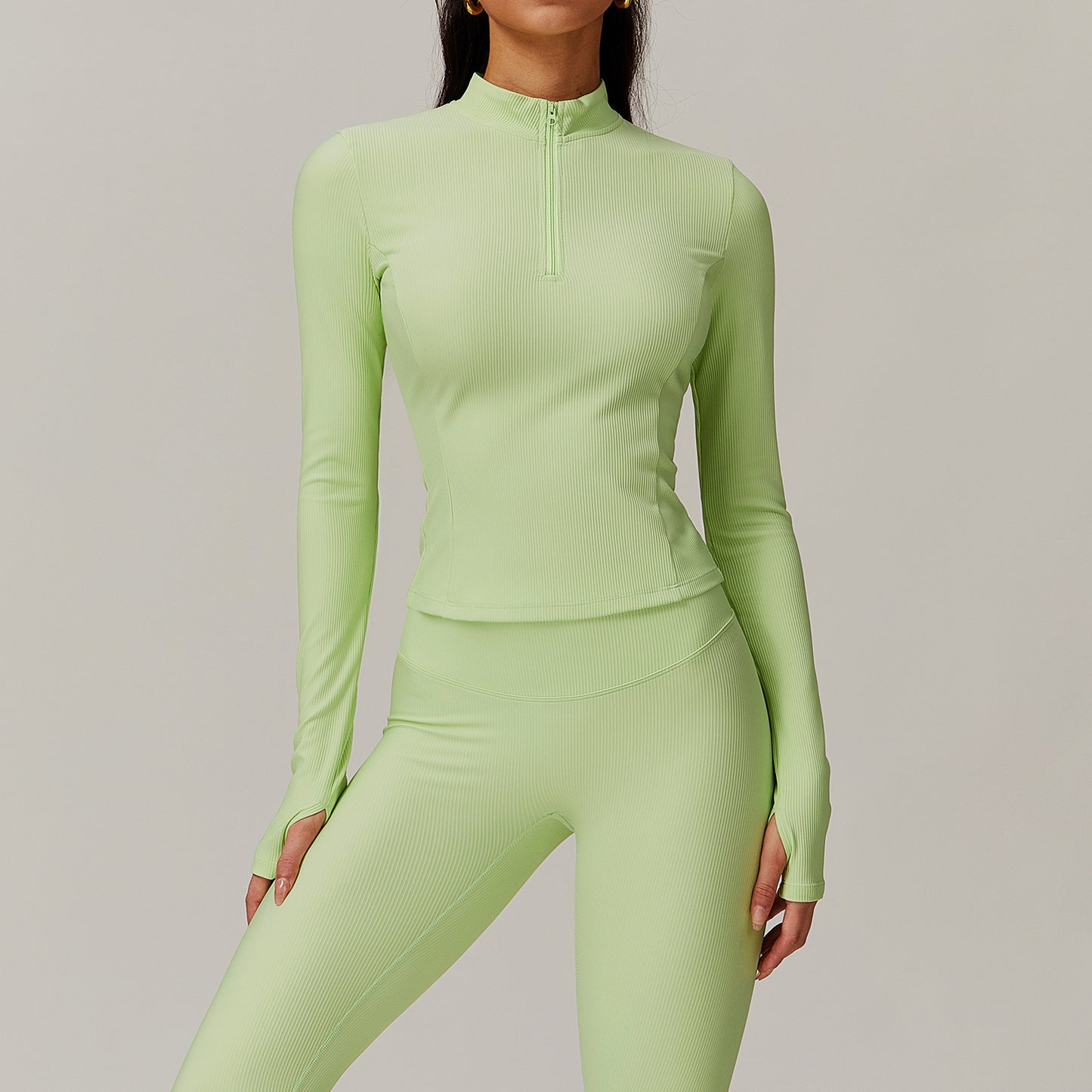 Autumn Winter Stand Collar Long Sleeve Yoga Wear Quick Dry Casual Top Outdoor Training Running Sports Workout Clothes Budding green