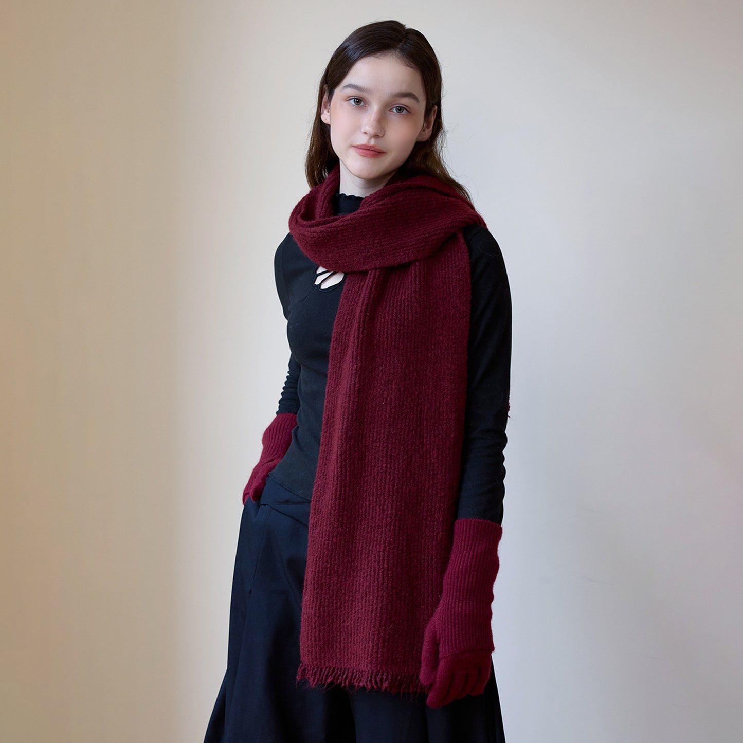 Autumn Winter Soft Knitted Wool Scarf All Matching Warm Solid Color High Grade Woolen Blended Textile Scarf Women One Size Ankela Red