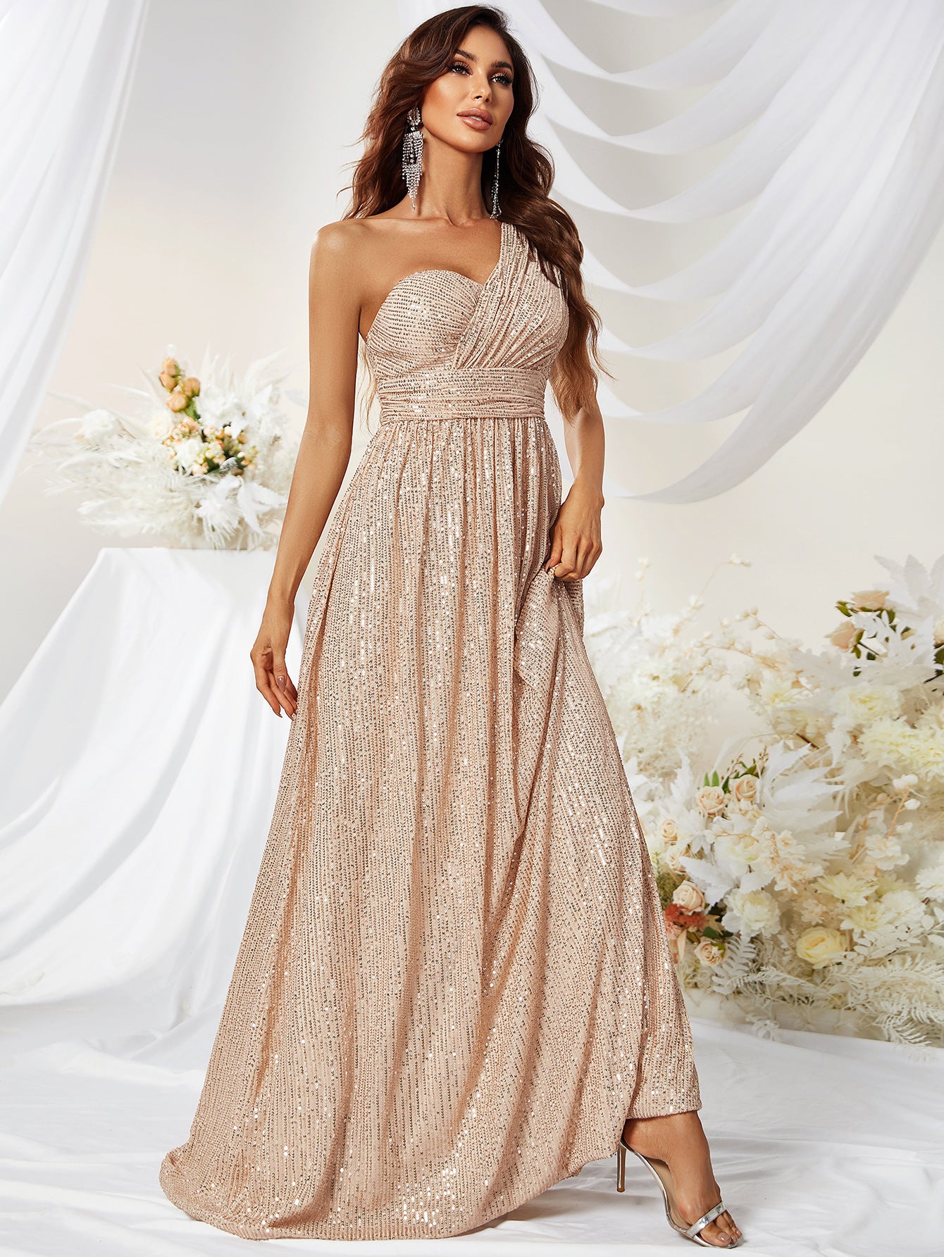 Evening Dress Oblique Shoulder Sleeveless Elegant Sequined Party Dress Maxi Dress