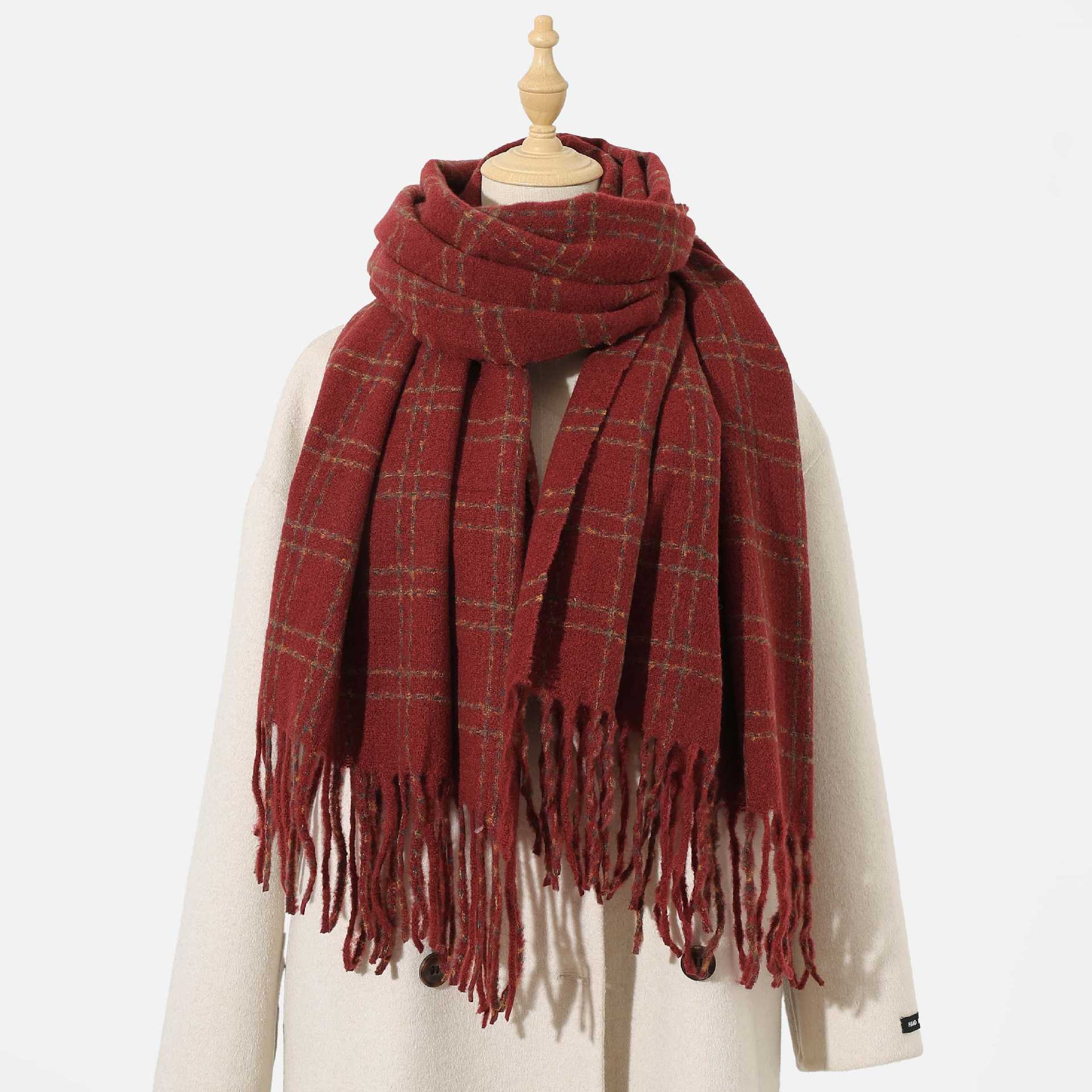 Women Color Matching Plaid Scarf Warm Thickened Winter All Matching Atmosphere Scarf One Size Red