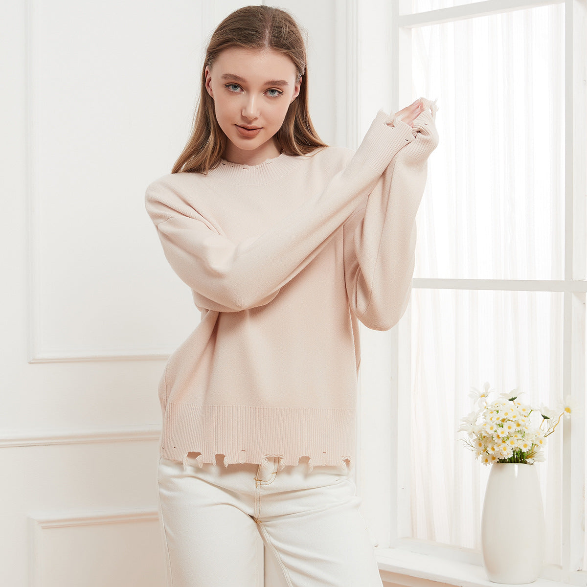 Round Neck Solid Color Hollow Out Cutout out Frayed Casual Simple Sweater Knitted Pullover