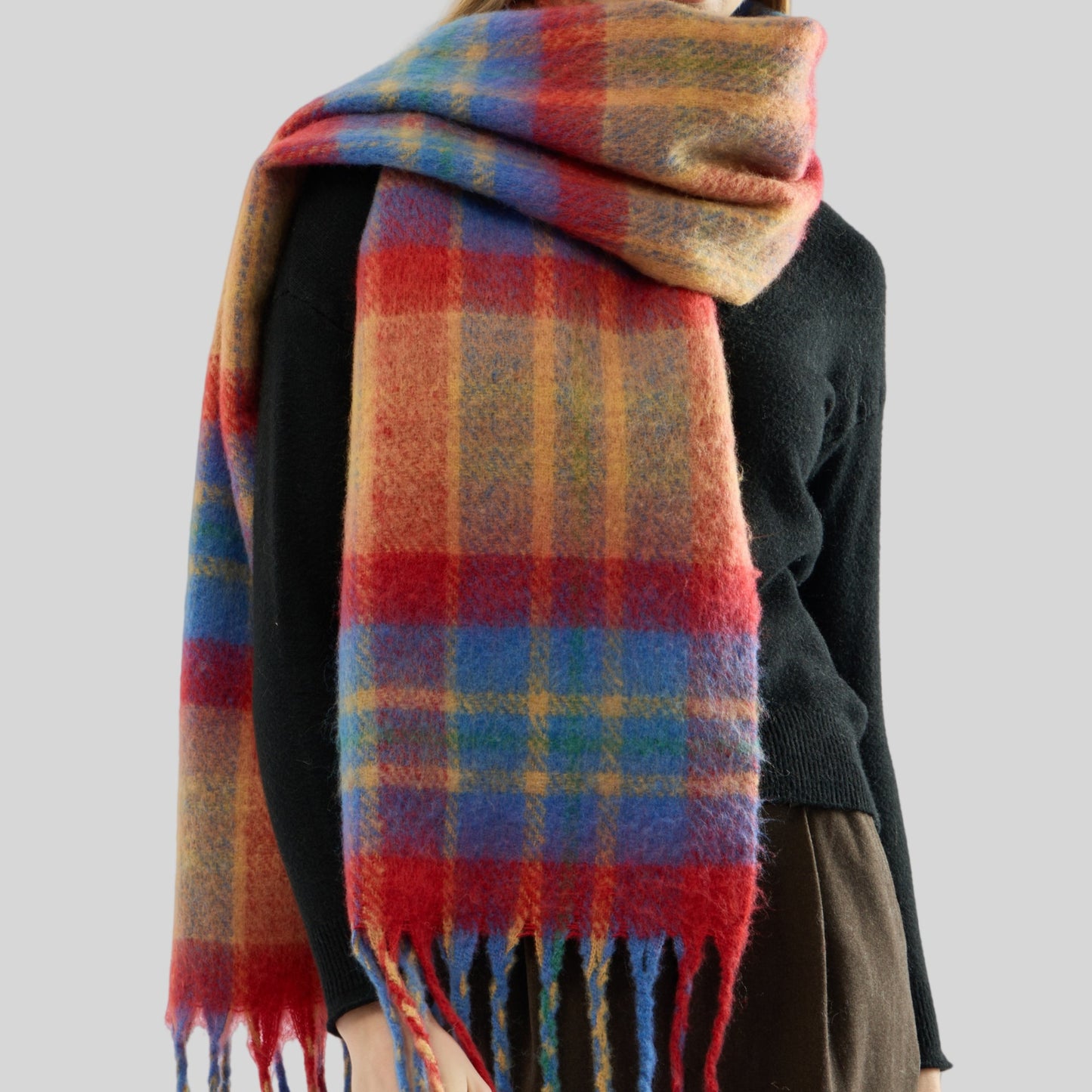 Mohair Rainbow Plaid Tassel Scarf Women Thickened Warm Wool Lengthened Scarf