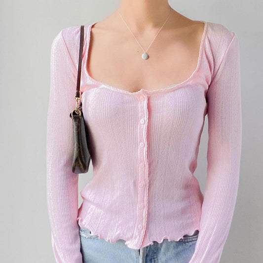 Retro Simple Casual All Match Square Collar Top Women Comfortable Solid Color Button Cardigan Long Sleeve