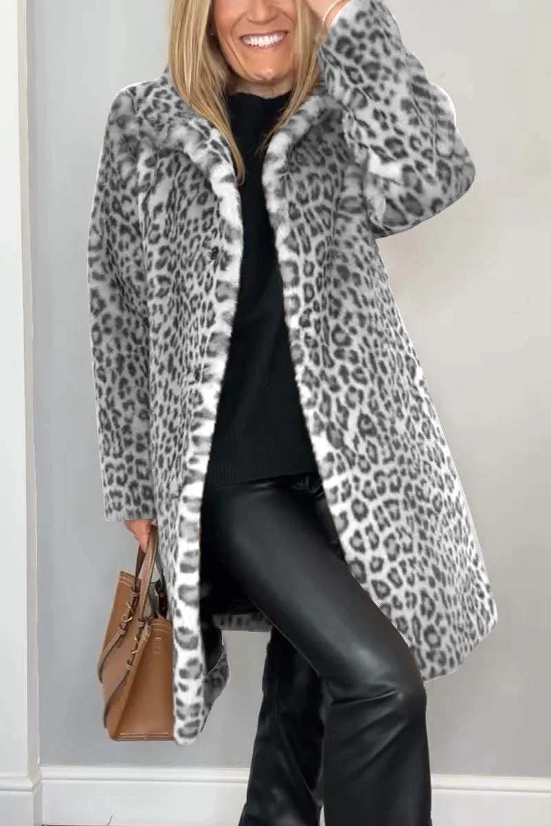 Fall Winter Leopard Print Plush Mid Length Coat Gray