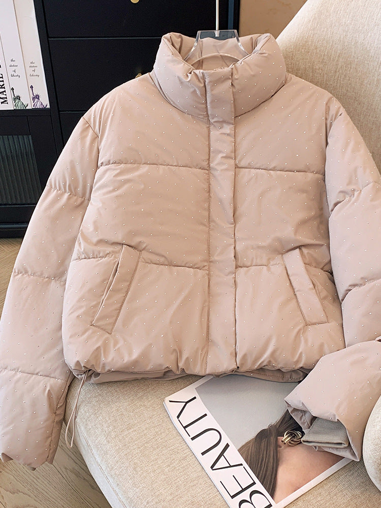 Design Rhinestone Stand up Collar Cotton Padded Coat Women Thickened Warm Quilted Jacket Small Winter Cotton Padded Jacket Coat