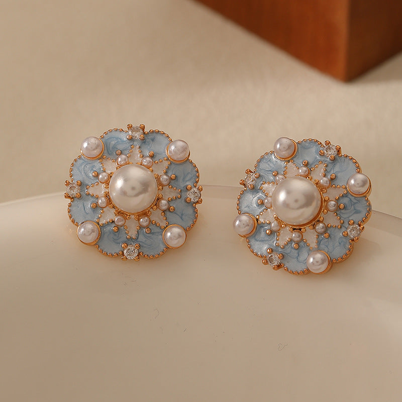 French Blue Color Oil Glaze Floral Stud Earrings Light Luxury High Grade Retro Minority Mid Ancient Pearl Earrings for Women