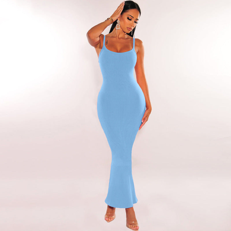 Women Clothing Spring Summer Sexy Backless Slim Fit Solid Color Strap Dress Blue