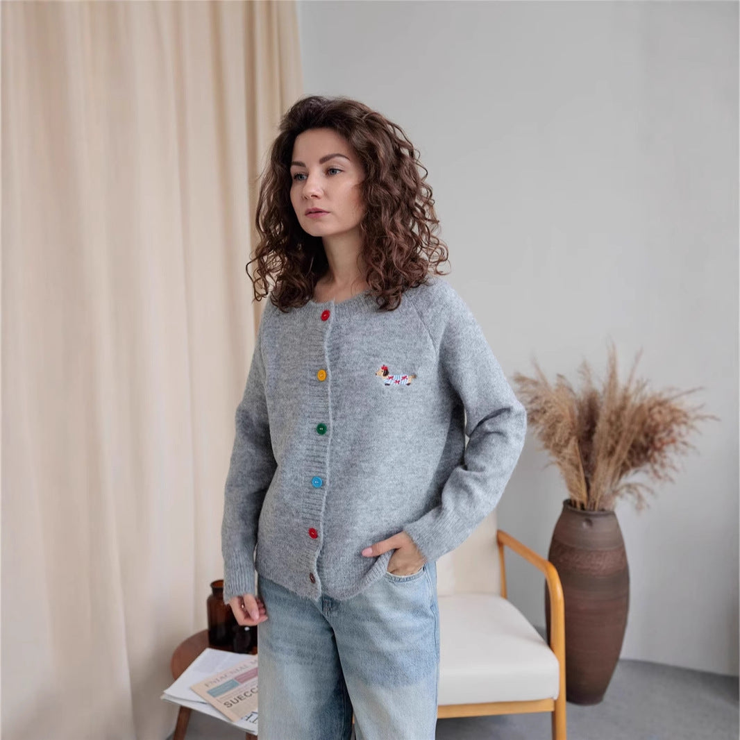 Round Neck Buckle Puppy Embroidered Long Sleeved Sweater Cardigan Women Autumn Korean All Matching Top