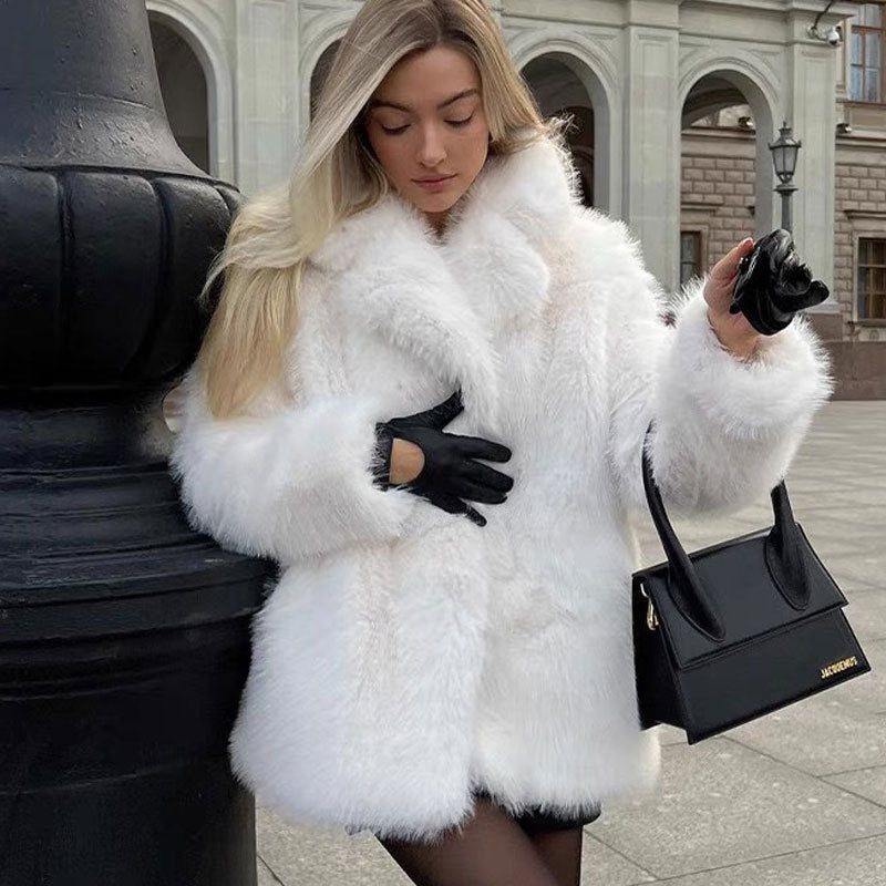 Tuscan Fur Coat Collar Mid Length Faux Fur Coat Women Toka Coat White