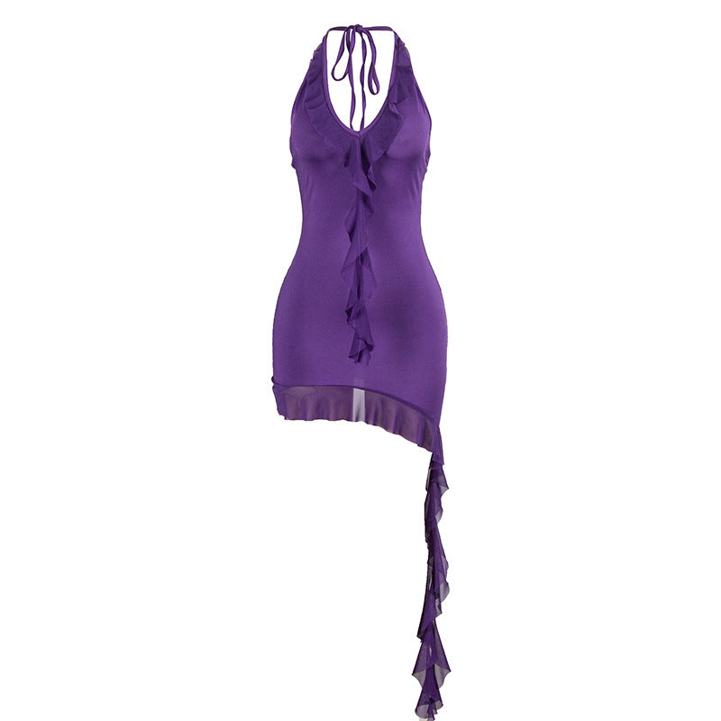 Summer Solid Color Sleeveless Halter Lace Up Wooden Ear Mesh Stitching Women Dress Purple