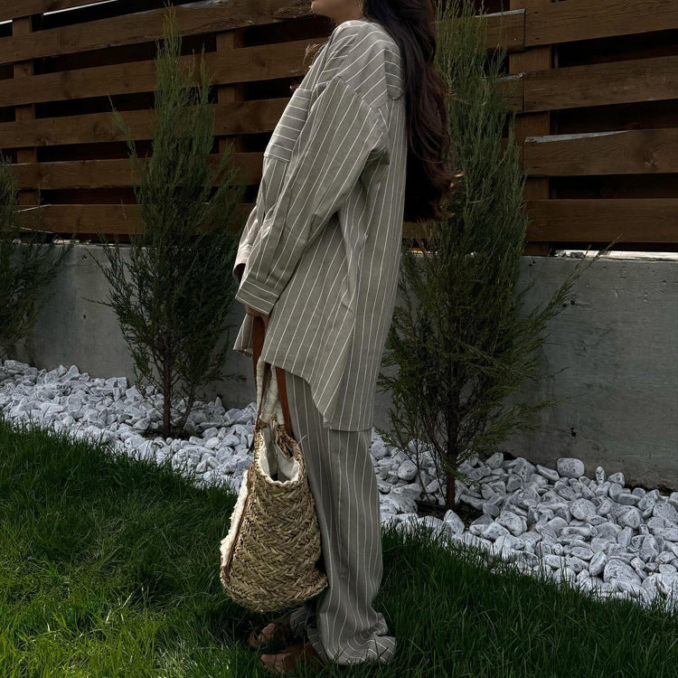 Women Clothing Spring Autumn Striped Loose Long Sleeved Shirt Wide Leg Pants Two Piece Set