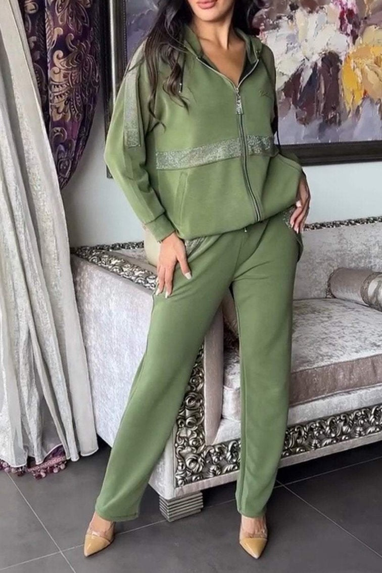 Autumn Winter Casual Long Sleeve Pants Sweater Trousers Two Piece Set Green