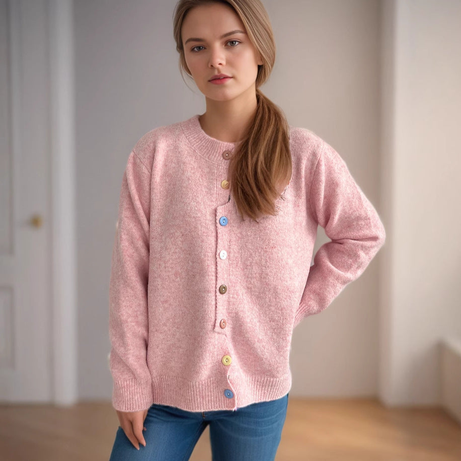 Casual Contrast Color Button Knitted Sweater round Neck Solid Color Long Sleeve Cardigan Pink