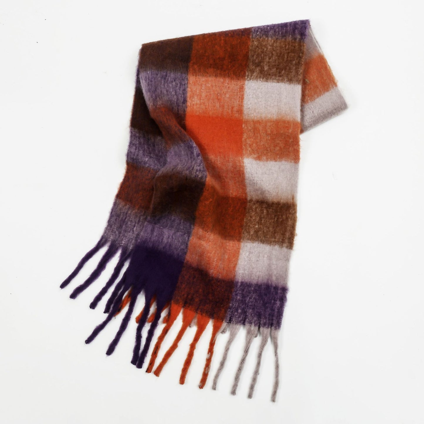 Women Color Matching Mohair Scarf Autumn Winter Warm Thickening Lattice Tassel One Size Purple plaid