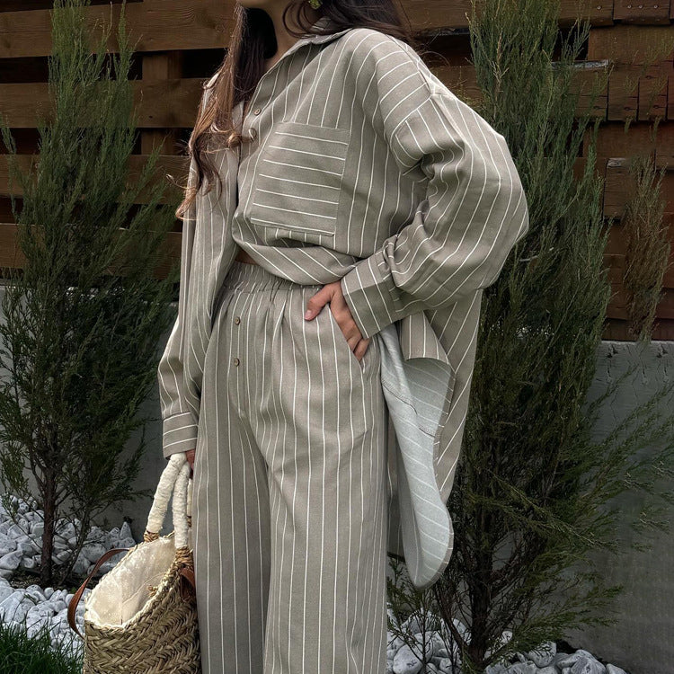 Women Clothing Spring Autumn Striped Loose Long Sleeved Shirt Wide Leg Pants Two Piece Set