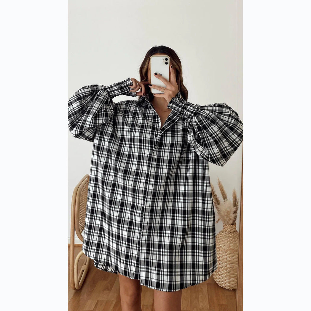 Street Autumn Winter Puff Sleeve Houndstooth Shirt