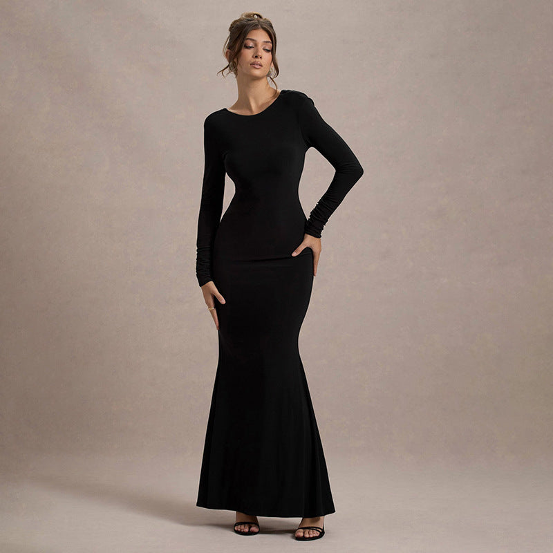 Women Clothing Backless Bow Long Sleeve Narrow Maxi Dress