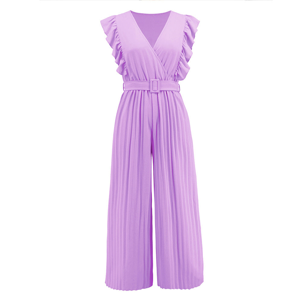 Sexy Slim Jumpsuit High Waist Sleeveless Lotus Leaf V neck Pleated Wide Leg Skort Women Purple