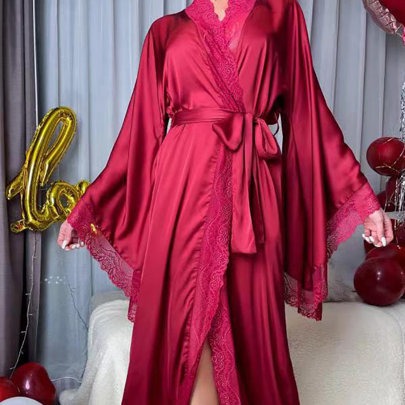 Satin Pajamas Women Lace Light Luxury Long Sleeve Cool Nightgown Bathrobe Home Wear Women Burgundy