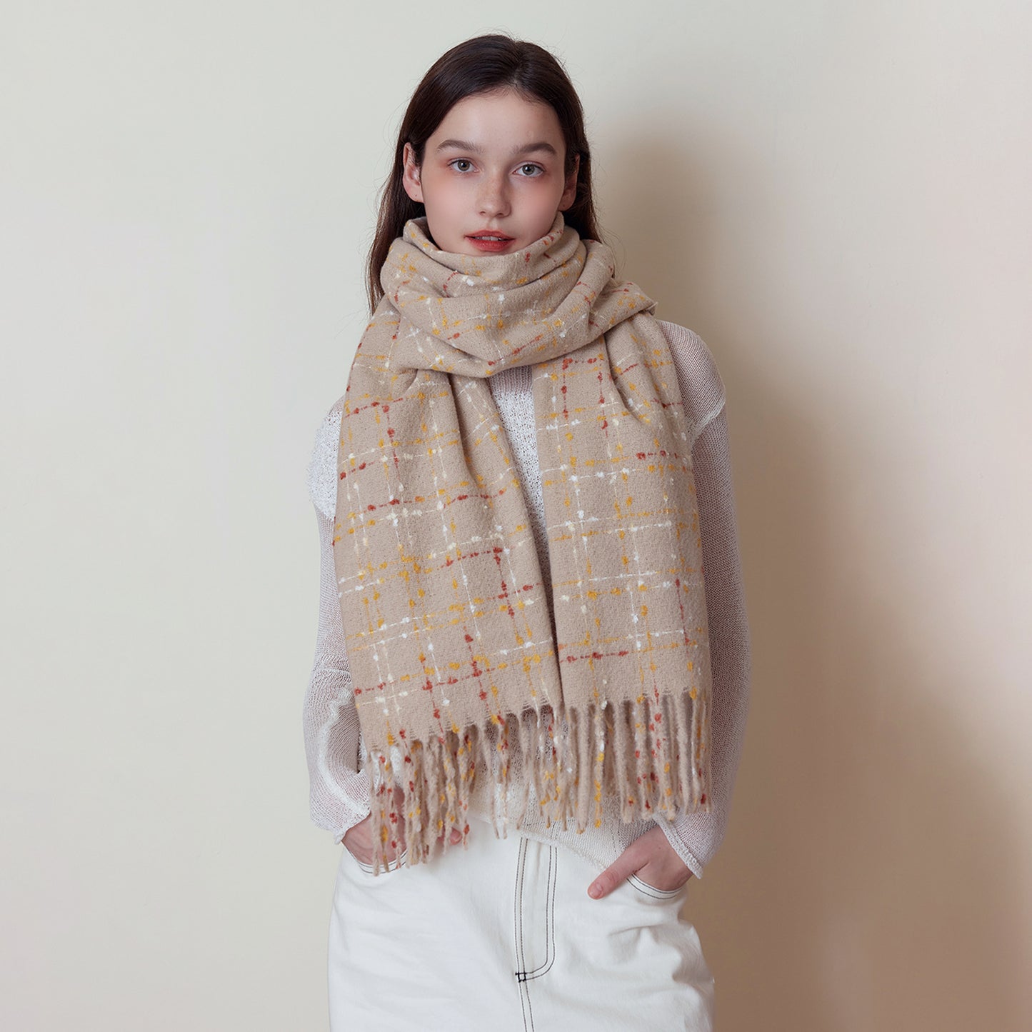 Plaid Scarf Women Winter High Grade Tassel Shawl Warm Scarf One Size Ivory