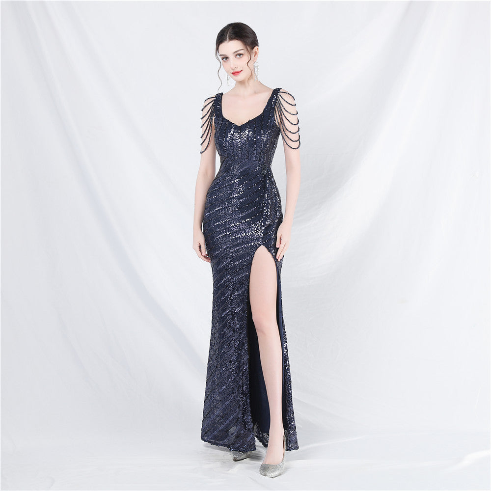 Craft Sequin Velvet Bottom Handmade Beaded Long Elegant Light Luxury Evening Dress purplish blue