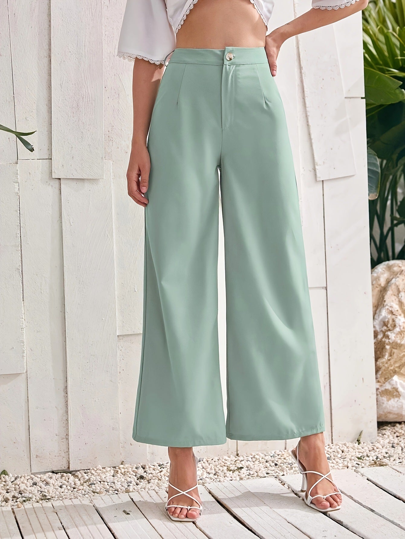 Women Autumn Solid Color High Waist Drooping Straight Leg Pants Fresh Comfort Casual Wide Leg Pants Green