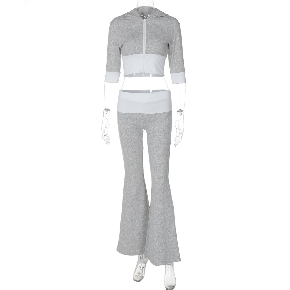 Summer Women Collection Contrast Color Zipper Hooded Top Flared Pants Casual Set Light Gray