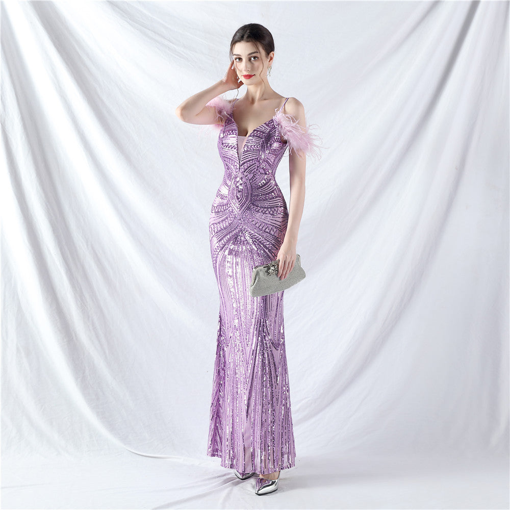 Dress Craft Order Ostrich Feather Positioning Floral Sequin Evening Dress