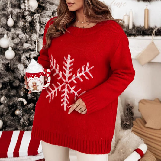 Autumn Winter Christmas Pullover Sweater Women round Neck Loose Jacquard Christmas Sweater Women