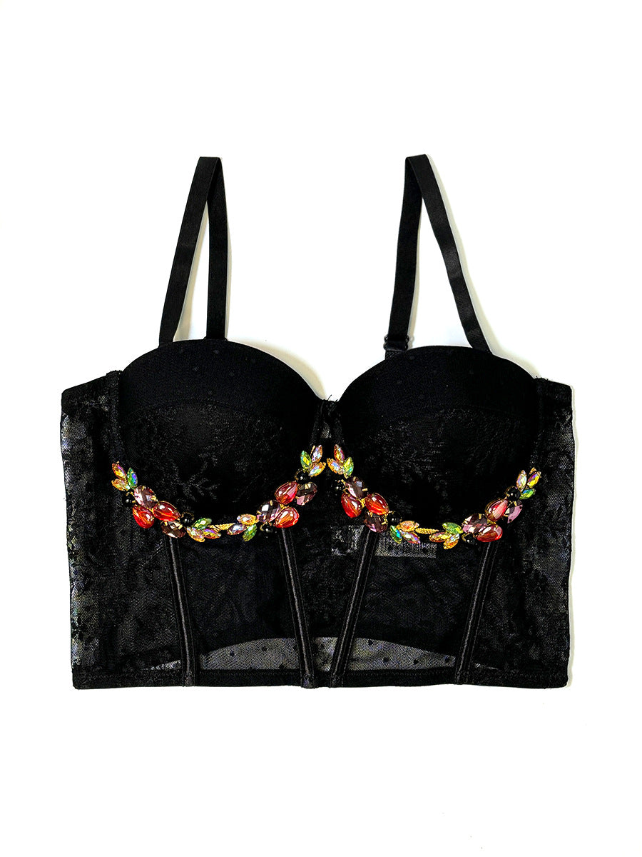 Black Lace High Grade Outer Wear Bra Gem Floral Texture Inner Match Sexy Underwear Tube Top Black