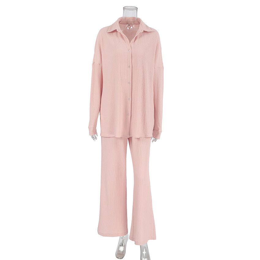 Knitted Pajamas Casual Long Sleeved Shirt Trousers Two Piece Set Pleated Home Wear for Women Pink