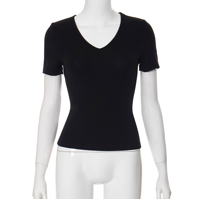 Women Clothing Solid Color V neck Slim Short Sleeved Tops Cropped T shirt Black