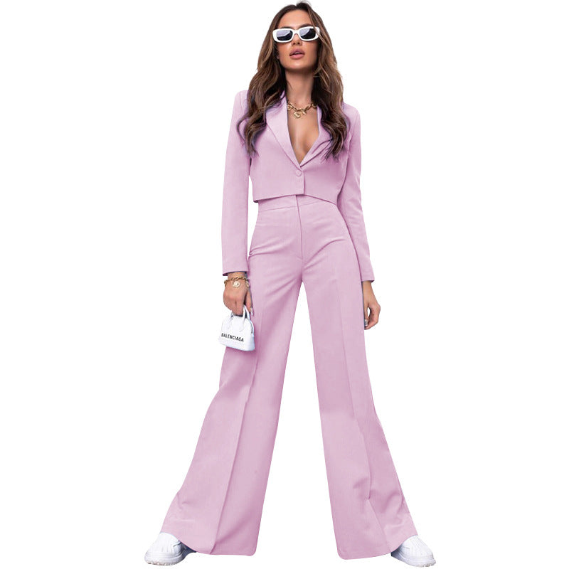 Autumn Winter Solid Color Short Long Sleeve Small Suit High Waist Wide Leg Pants Suit Pink