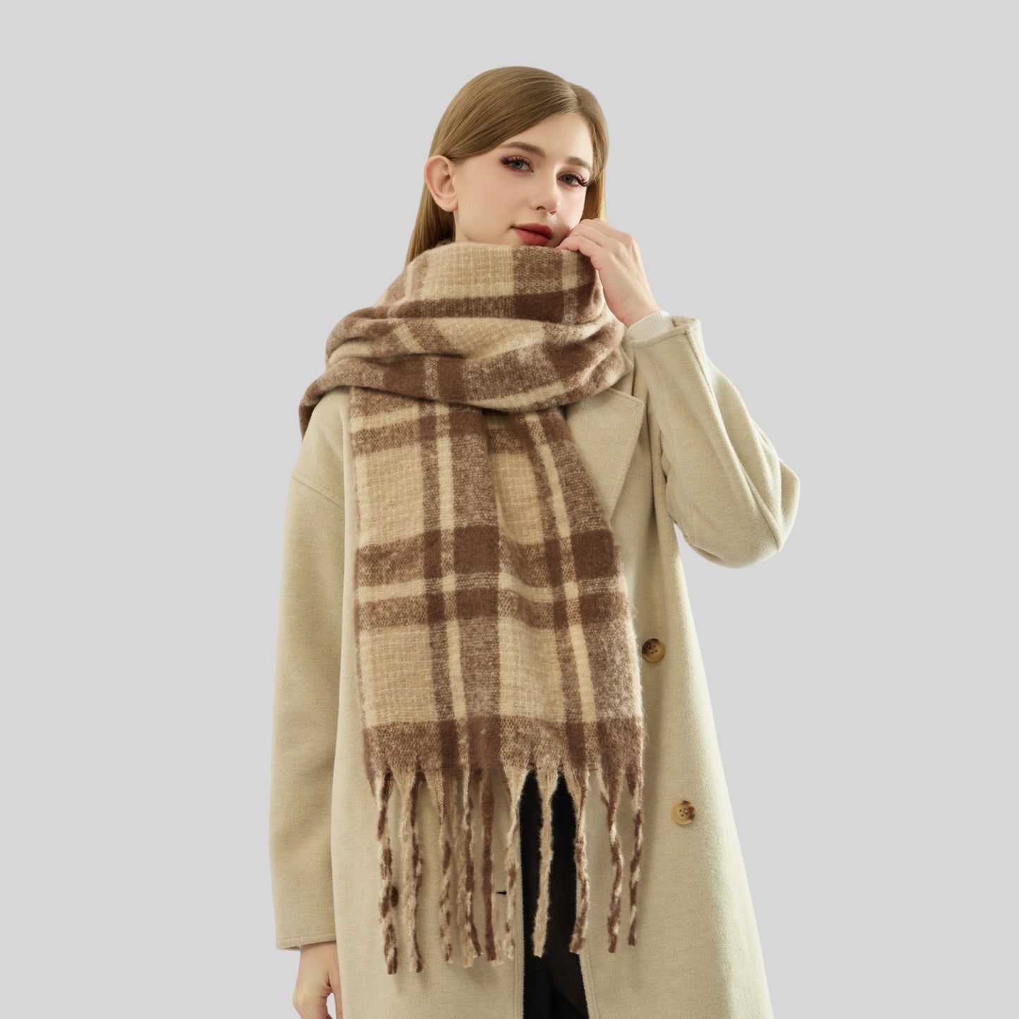 Autumn Winter Mohair Plaid Scarf for Women Thickened High Grade Cashmere like Scarf Warm Scarf