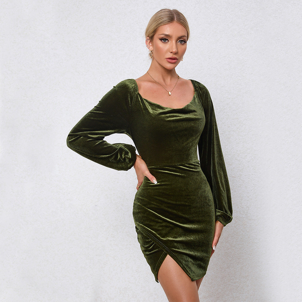 Women Clothing Autumn Winter Slim Fit Slit Hip Wrapped Swing Collar Puff Sleeve Sexy Velvet Cocktail Dress