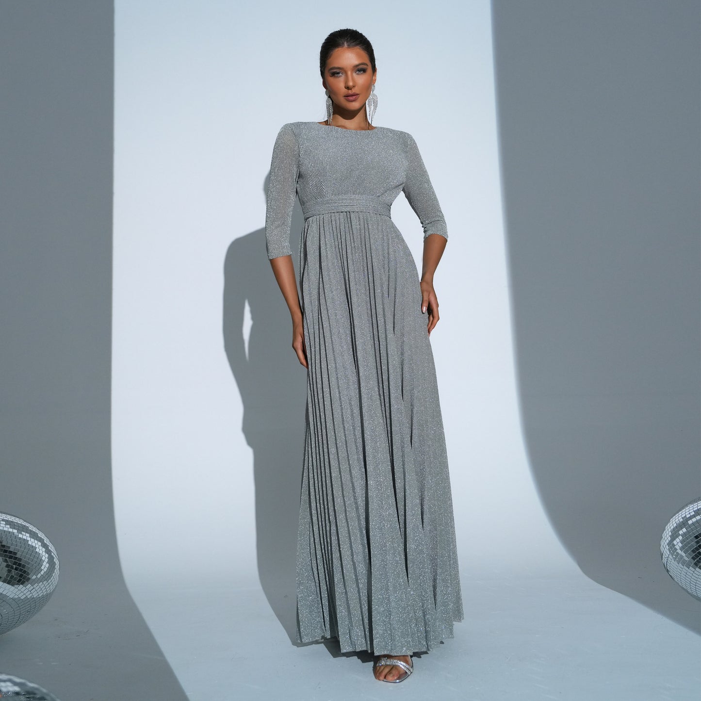 Five Quarter Sleeve Crew Neck Long Bohemian Large Swing Waist Evening Dress Women Clothing Gray