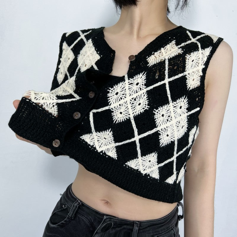 Retro Knitted Plaid Cardigan Vest Spring Black White Lattice Pattern Casual All Matching Tops Black