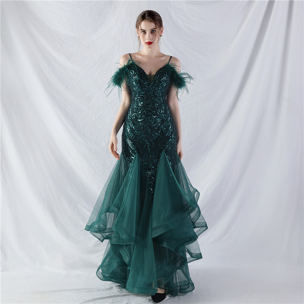 Craft Order Ostrich Feather Hard Mesh Positioning Floral Sequin Stitching Mesh Dance Performance Dress blackish green