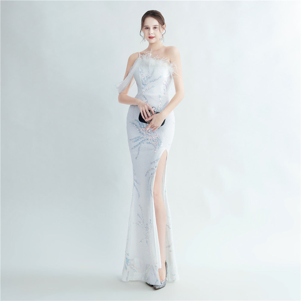 High Density Ostrich Feather Craft Beading High End Evening Dress White